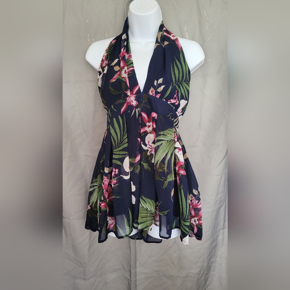 Miss Avenue size L Hawaiian style Dress with shorts inset main color navy blue